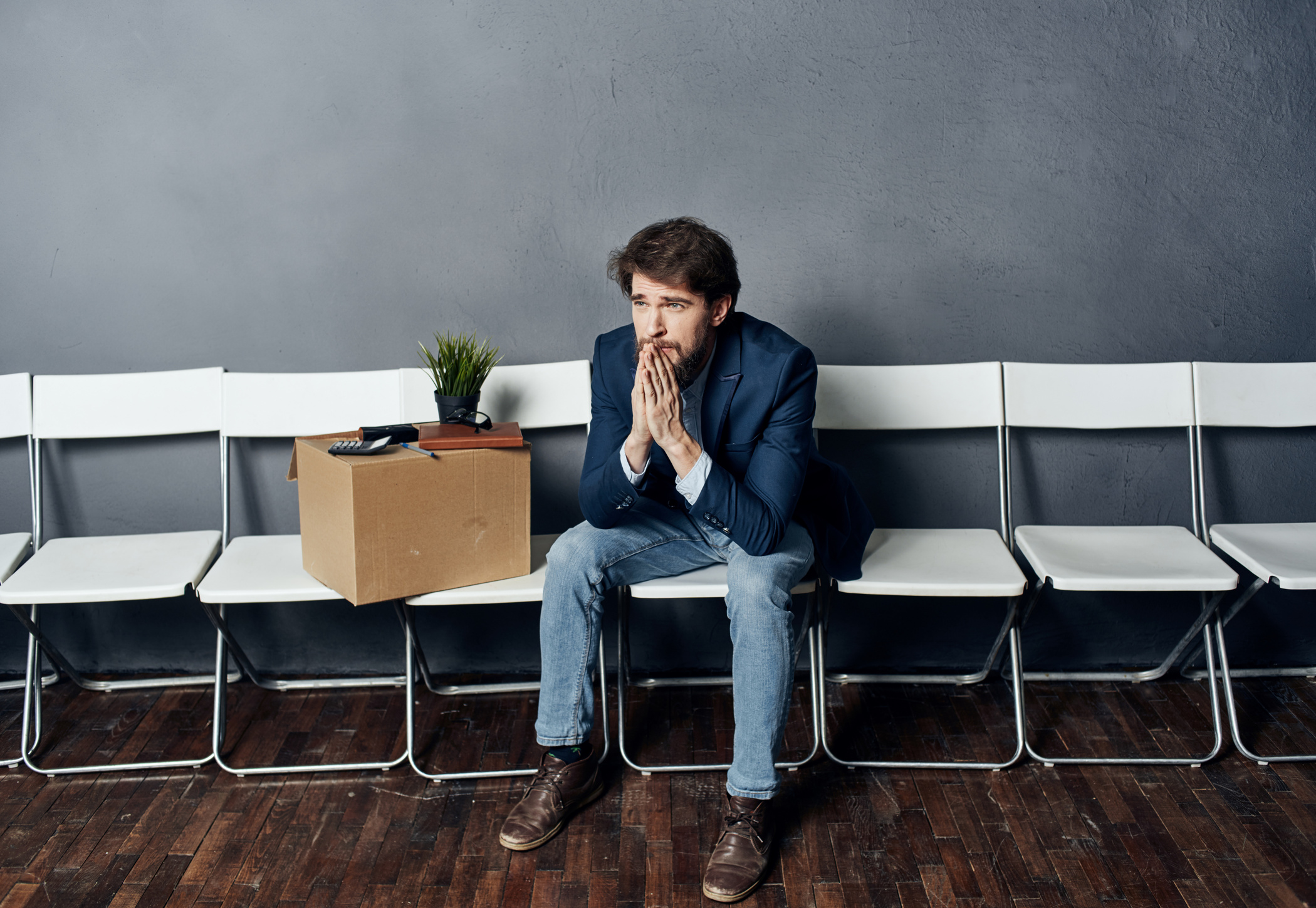 Business Man Job Search Sacking Box with Things Waiting